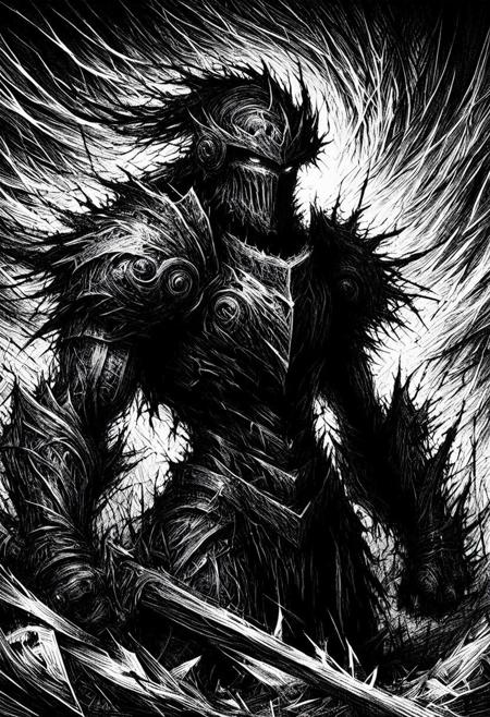 A mighty warlord, his body composed of chaotic ink strokes, standing atop a battlefield of broken sketches and abandoned ideas. His jagged armor constantly reshapes itself, shifting between half-drawn concepts and fully realized details. His sword, a massive ink brush dripping with glowing black fluid, leaves behind streaks of unfinished reality with every swing. The battlefield is a warped mess of discarded storylines, incomplete figures clawing their way out of the paper-thin ground. The warlord's eyes flicker with fractured energy, their form never truly settling. ScribbleRay style, ultra-detailed, aggressive ink motion, surreal battle chaos, sketch-layered reality, expressive contrast, fragmented armor. ScribbleRay