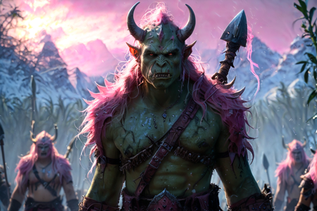 bioluminescent, an orc raider with green skin, wearing spiked armor, holding a spiked club, solo, from the Skullsplitter Clan, with spiked armor and skull helmets, a frozen tundra with icy ground, sparse vegetation, cold air, detailed background, taming a beast, using a whip, angry, clenched jaw, environment focus, wide shot, a war drum ceremony with orcs drumming, chanting, preparing for battle, a spiked club, nearby, on swamp mud, wet and slimy, dusty, dry air, sand swirling, harsh sunlight, dawn, soft pink and orange hues, early light, fresh air, best quality, vibrant colors, photorealistic style, high detail, high-definition, hyper-realistic, extremely high-resolution details, fine texture, incredibly lifelike, realistic, not cartoon, not drawing, highres, 4K resolution, source photo, realistic photo, masterpiece, best quality, amazing quality, very aesthetic, ultra-detailed, detailed textures, natural lighting, soft lighting, sunlit tones, warm yellows and oranges, dawn light, soft pink and orange glow, close-up shot, <lora:Mystic_Lumina_r1-000007:0.9>