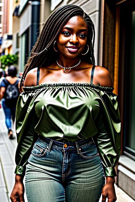 Uneekwa: Mid-30s black woman, dark skin, ebony, black hair cascading in braids, 5'6", toned hourglass body, black denim shorts, knee-high leather boots with 5-inch heels, ((off-shoulder olive green satin blouse)), brown eyes, dimples, maroon lipstick, nostril ring, earrings, silver necklace, green hobo bag, iPhone with vibrant green cover. Situation: Striding confidently through downtown's bustling streets. Take Description: Realistic scene, correct anatomy, masterpiece, sharp focus, best quality, cinematic depth of field, daylight.