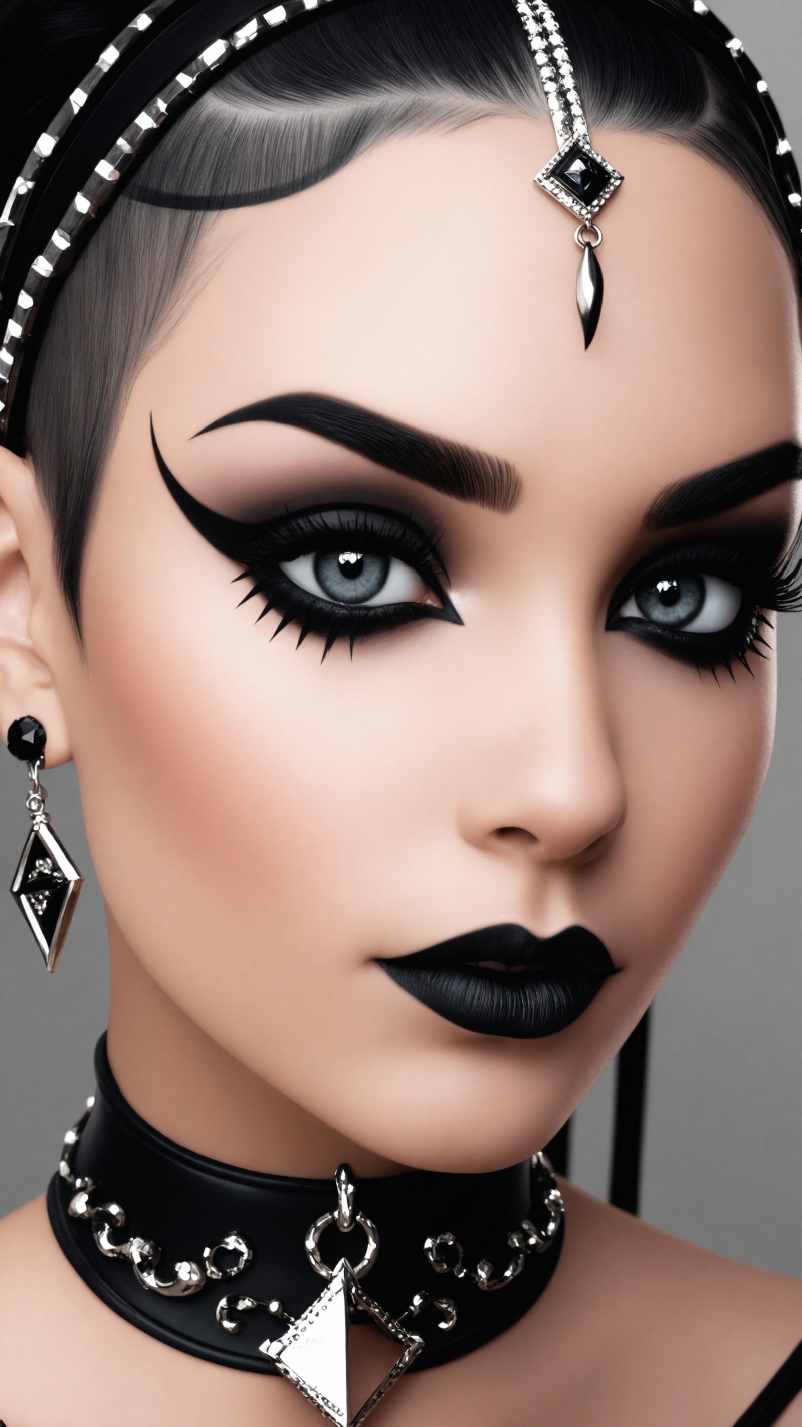face close up, glamour photography of a random stylish goth girl, edgy vibe, dark, mascara, eyeliner, dark cheeks, Unique ...