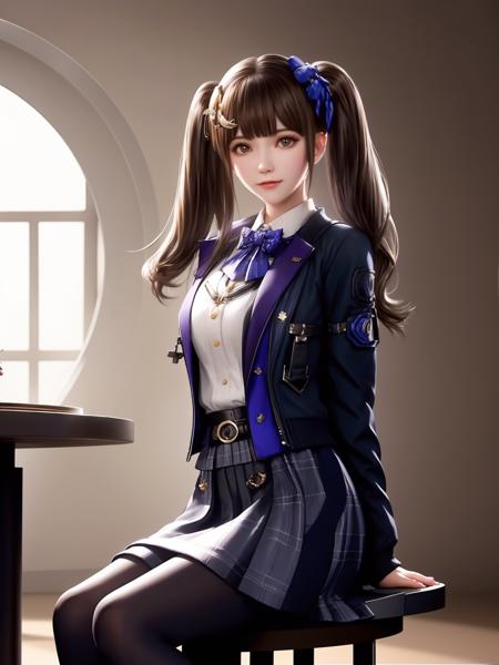 <lora:guanxiaoyu_20230630030052:0.75>,female,pantyhose, arms behind back, cityscape,night,facial mark,sitting,chair,close-up, indoors,table,window,upper body, bowtie, belt, skirt,twintails, hair ornament, jacket,