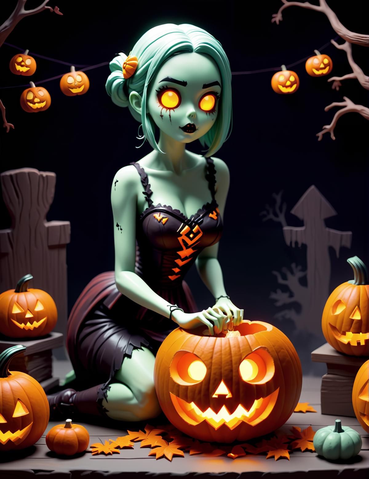 A green-skinned girl sitting among pumpkins.
