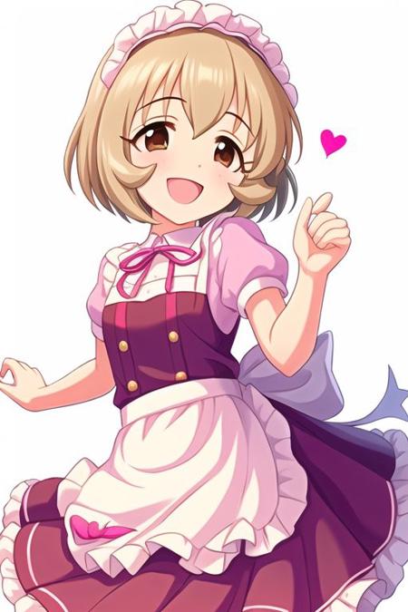 Koga Koharu,
1girl, apron, blush, brown eyes, brown hair, dot nose, dress, frilled apron, frilled dress, frills, headdress, heart, looking at viewer, open mouth, pink dress, purple ribbon, ribbon, scrunchie, short hair, short sleeves, simple background, smile, solo, white apron, white background
<lora:u149-v3.1:1>