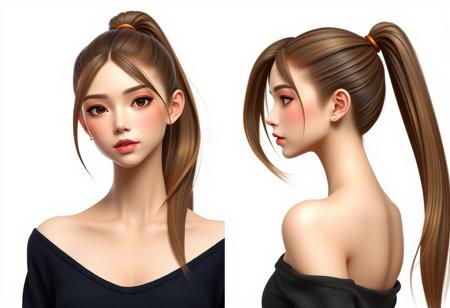 semi-realistic, digital art, split views of front view and side view,reference images of beautiful 3d girl with high ponytail hair, simply background , portrait,headshot