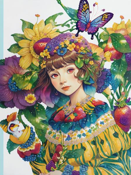 (((portrait))) ,(((masterpiece))),(((best quality))), ((ultra-detailed)), (illustration), ((an extremely delicate and beautiful)),floating, (beautiful detailed eyes), (detailed light),(((fruit))),flowers,(((((colorful))))),garden,by alan lee,colorful background,forest,bird,butterfly,<lora:mkru:1>mkru:1