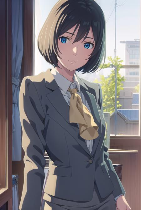 yukariyukino, <lora:yukari yukino movie-lora-nochekaiser:1>,
yukari yukino, short hair, black hair, blue eyes, hair between eyes, smile
BREAK shirt, collared shirt, white shirt, ascot, blazer, peach blazer, skirt, pencil skirt,
BREAK indoors, classroom,
BREAK looking at viewer, (cowboy shot:1.5),
BREAK <lyco:GoodHands-beta2:1>, (masterpiece:1.2), best quality, high resolution, unity 8k wallpaper, (illustration:0.8), (beautiful detailed eyes:1.6), extremely detailed face, perfect lighting, extremely detailed CG, (perfect hands, perfect anatomy),