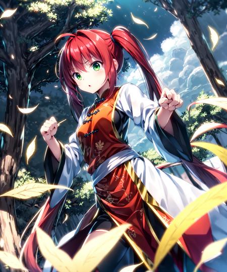 (cloud:0.8), 1girls, fluttering leaves,
black chinese clothes, red hair, long hair, twintails, green eyes, small breasts, karate, serious
<lora:ryosiosV1-04:0.7> ryosios