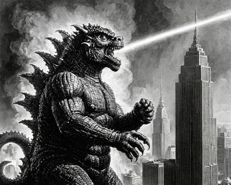 godzilla firing a laser from his mouth at skyscraper,grayscale,monochrome,art by llbreton, <lora:LLbretonXL-000004:0.6>