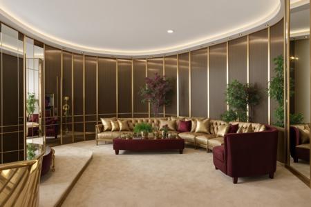 club , club house ,realistic, indoor, best quality, masterpiece ,   <lora:CB_clubhouse:0.7>,sofa , window, carpet , plant , drawing,  mirror ,tv,gold, luxury