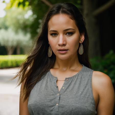 Realistic photo of a beautiful j3nn1f3rl-v2 woman, 1girl, solo, long hair, looking at viewer, brown hair, shirt, jewelry, earrings, sleeveless, belt, blurry, lips, grey eyes, blurry background, realistic, soft lighting, professional Photography, Photorealistic, detailed, RAW, analog, sharp focus, 8k, HD, DSLR, high quality, Fujifilm XT3, film grain, award winning, masterpiece<lora:j3nn1f3rl-v2:1.0>