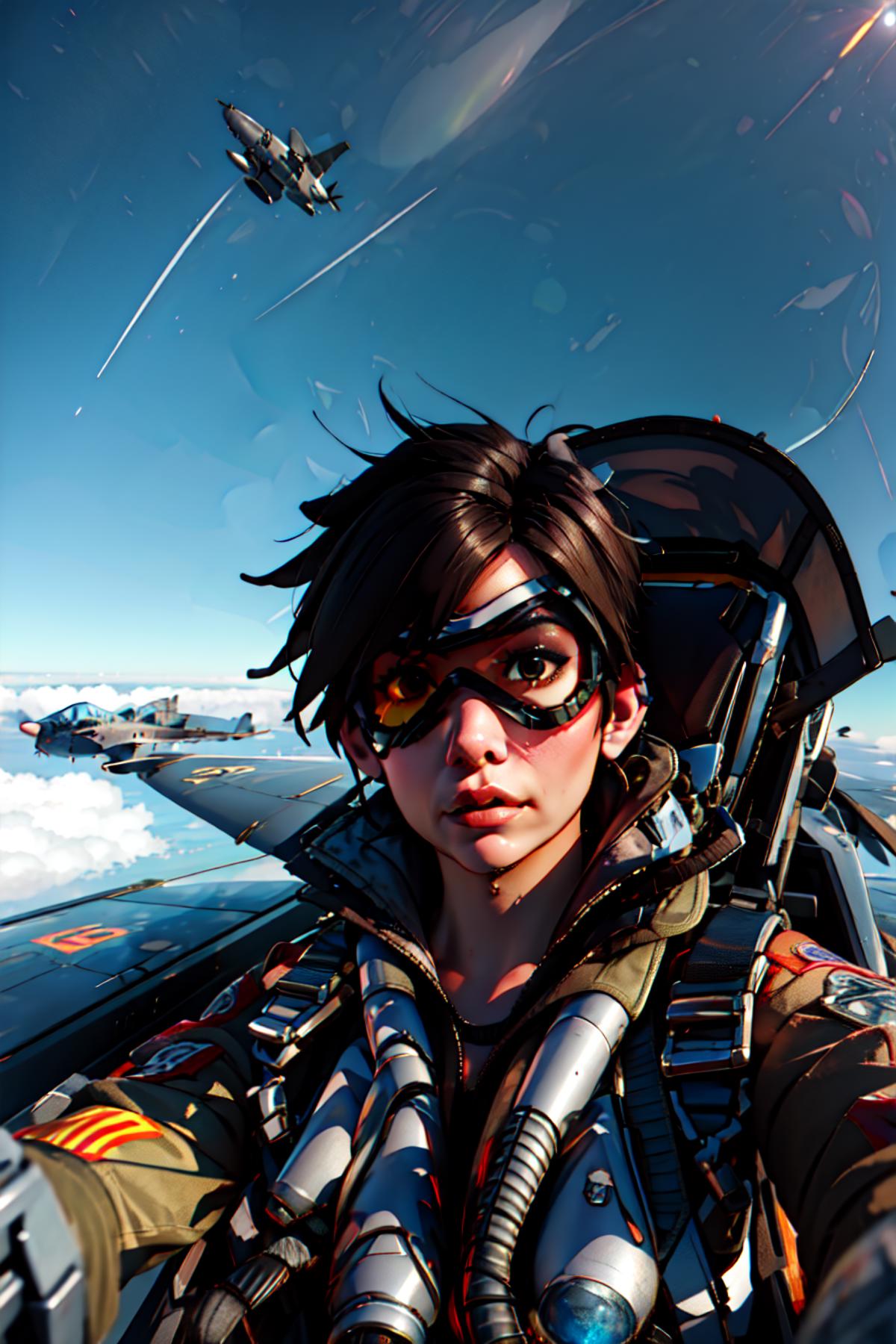 A woman in a pilot's suit sitting in the cockpit of a jet, wearing goggles and looking at the camera.