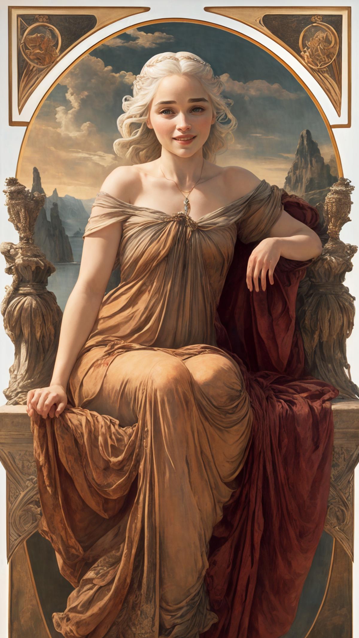 A statue depicting a woman with long hair and a necklace, sitting on a chair.