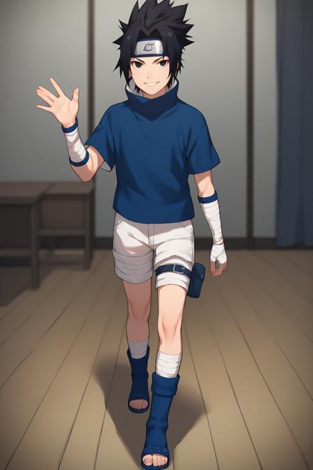 SasukeGEXL, black eyes, black hair, short hair, spiked hair, parted bangs, forehead protector, high collar, blue shirt, short sleeves, detached sleeves, white shorts, blue footwear, legs bandages, toeless footwear