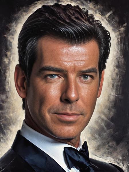 <lora:Pierce Brosnan:1> Pierce Brosnan, smile, black suit, tie, clean, hard.
vintage poster of Pierce Brosnan as james bond, in the style of karol bak, sharp focus, cinematic lighting, hyper realism, hyper detailed. 8k