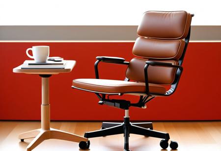 (Contemporary:1.5), (modern:1.5), (photographic:1.4), (ergonomic:1.3), (Bauhaus:1.4), Classic modern task chair, hardwood wooden frame, soft sewn cushions, dynamic geometric form, ergonomic form, comfortable form, warm colors, best quality, realistic, smooth surface finish, natural wood, natural materials, Bauhaus style inspired, Eames style inspired, seat facing viewer, calm lighting, semi detailed background, contemporary, furniture catalogue photograph, tasteful framing, tasteful layout, (end table:1.2), (coffee mug:1.2)