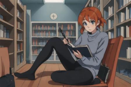 blue eyes, orange hair, 1girl, freckles, Miharu_Imai, MiharuImai, long sleeve gray sweater, black leggings, studying at a library, corner nook