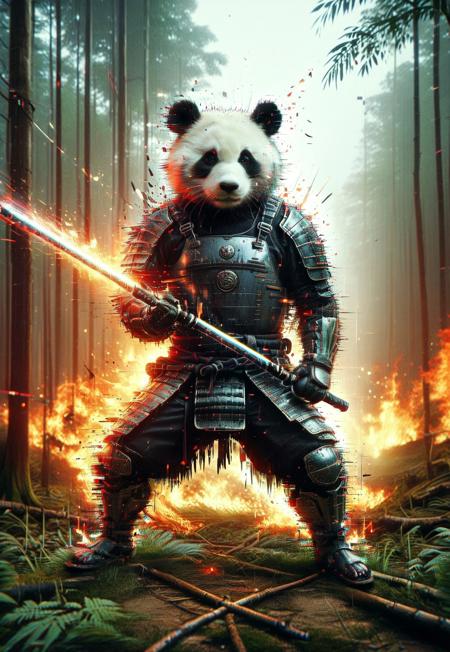 safe_pos, (((Barefoot furry character, cinematic setting, furry male))), eyecatching composition, dynamic pose, dynamic angles, detailed background, panda, SAMURAI ARMOR, ,hyperrealistic,masterpiece,magazine advertisement,8K, chewing bamboo leaves

Born from high technology
Too fast for human eyes to see
A soldier made of cyber steel
Create to kill the enemy
By neutreon power he is ready to strike
Can you feel the fire
See the anger in his burning eyes
He's the Super Sonic Samurai
(((By jetpack power he's ready to fly)))
He's the Super Sonic Samurai
(((Laser Katana high up to the sky)))
For the Super! Sonic Samurai!
A storm is roaring through the night
Silver lightning comes crushing with a saber light
(((Ascend from the burning sun)))
Assassinate the chosen ones
From the dark side he will come
For Revenge he will return

view from below on flying panda in samurai armor and with jetpack, glitch style