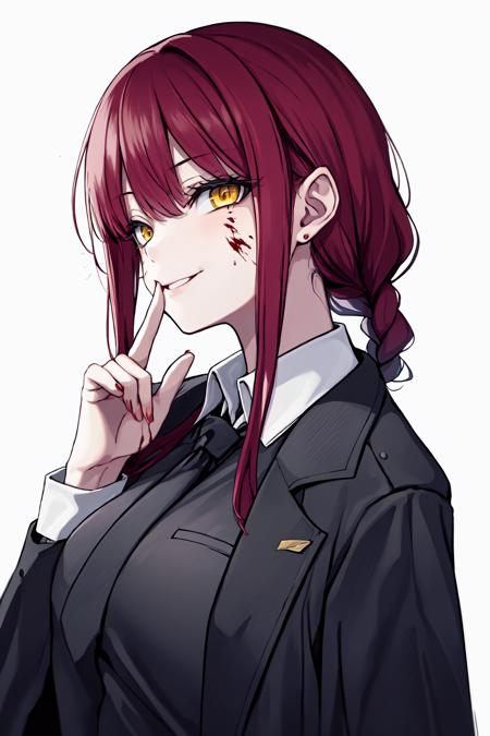 1girl, makima (chainsaw man), solo, shirt, ringed eyes, braid, necktie, blood, black necktie, collared shirt, red background, white shirt, looking at viewer, simple background, blood on face, braided ponytail, formal, breasts, jacket, suit, yellow eyes, red hair, finger to mouth, sidelocks, bangs, medium breasts, business suit, blood on clothes, black jacket, long hair, black pants, pants, long sleeves, smile, upper body, office lady, shirt tucked in, medium hair, coat