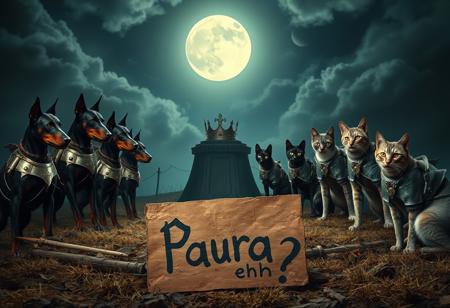 A medieval battlefield under a haunting, full moon is illuminated by eerie moonlight. On one side, five fierce and muscular Dobermans, clad in makeshift medieval armor, stand ready for battle. Opposite them, five nimble and sharp-eyed cats, each adorned with small, yet menacing, armor pieces, crouch in defiance. The atmosphere is tense and charged, with a creepy aura enveloping the scene. In the background, a crown, shimmering in the moonlight, sits atop a pedestal. A rough, hand-painted cardboard sign in the foreground reads “Paura eh?” in jagged, unsettling lettering, adding to the tension of the contest. The entire scene is surreal, blending elements of medieval imagery with an eerie, fantastical vibe.