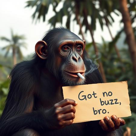 a Chimpanzee smoking a cigarette, in the jungle, holding a cardboard that reads "Got no buzz, bro", daytime, realistic, detailed, 8K