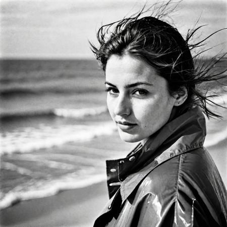european woman 30 years old at the beach, wearing raincoat, medium shot from top, 1990 hairstyle and look, dark mood, ilford hp5 plus 400, medium format camera,artsy, shadows, wide angle, contact test, damaged print, faded, grainy,blurry, pixelated, motion blur, vignette, high contrast