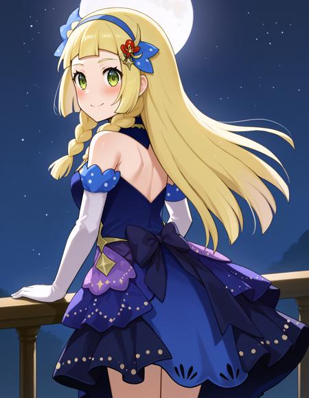 lillie \(anniversary 2021\) \(pokemon\), blonde, green eyes, twin braids, hair ornament, hair flower,blue hairband official alternate costume, purple blue dress, white elbow gloves,  ankle ribbon, puple high heels