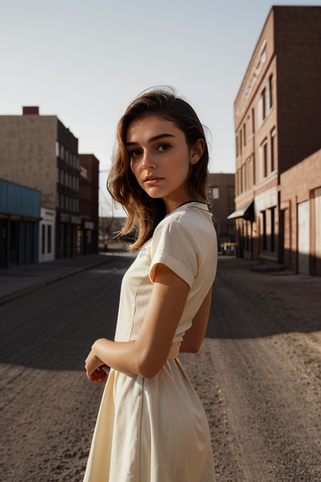 PaigeBonvallet2, Parisienne dress, feminine pose, well-lit wooden structure, abandoned Wild West ghost town, late afternoon, colorful red orange yellow light, very emotional camera angle, medium format camera, in the style of (Life Magazine)