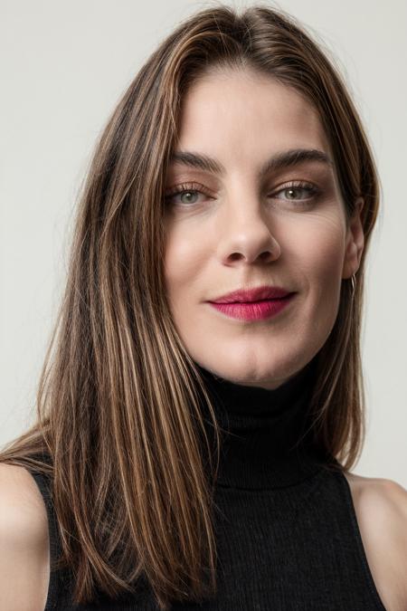 portrait photograph, woman in (a black sleeveless turtleneck:1.2), smirk, (simple white background:1.2), symmetrical angle, studio lighting, (high detailed skin:1.1)
 <lora:0more_details:1> <lora:michelle_monaghan_lora_v01:1> michmon