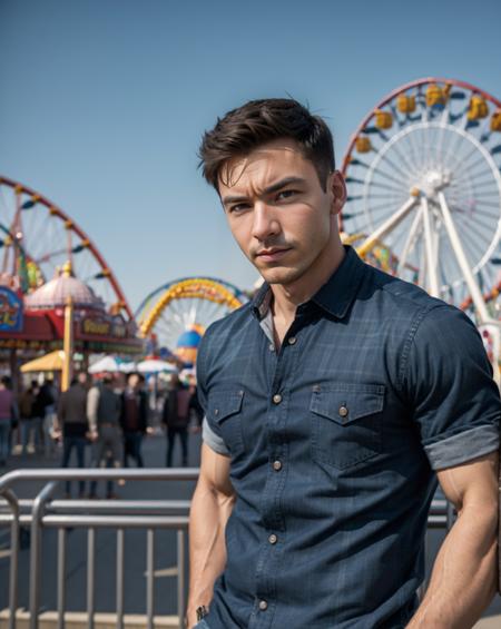man, johnnyGNRC, cumbersome statement, serious expression, flannel shirt, jeans, Amusement Park