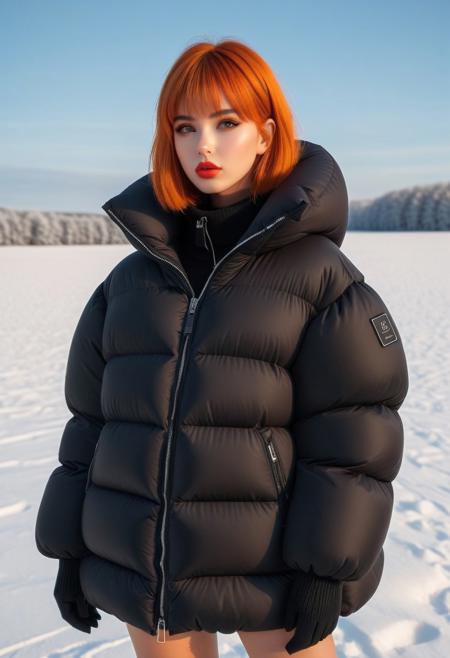 Oversized padded down jacket, Oversized padded puffer jacket, Oversized padded winter clothes, down vest, puffer vest, very very cold, cowboy shot, snow, winter, field, snow field, outdoors, nature, standing, landscape, high distinct image, gloves, Realistic, artstation original character, masterpiece, best quality, highres, ultra_detailed, 4k, UHD, pixiv, ligne claire, noise reduced, distinct, vivid, orange hair, unreal engine, orange eyes, hair ornament, sidelighting, detailed face, lipstick, perfect body, beautiful eyes, pretty face, 1girl, bishoujo, cant be this cute, bright skin, young girl, bangs, short hair, padded cuffs, padded collar, Thick padded cuffs, Thick padded collar, <lora:Collar-SDXL:0.6>, <lora:Cuffs-SDXL:0.6>, <lora:Puffer_Jacket_and_Down_Jacket_-_Extra_Puffy_Jackets:0.6>,  <lora:puffer_skirt_v1:0.6>