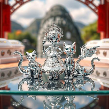 (photo image), (theme is chrome metal art, type is optional, random, size is 5 pieces), background with theme objects, the first one creates the first theme object and three with delicate depiction and delicate image, (with the following objects with patterns and characters of origin of the theme objects) The parts to be decorated, decorated and equipped with the following parts; girl's shape, clothes, hairstyle, make-up, biped walking machine, Cats, dancing figure, then five each in dragon's shape and form to be decorated, decorated and equipped with and flutter); playing with the forms of the theme objects, the surrounding scenery is not blurred or fuzzy.The surrounding landscape is reflected in the chrome metal.