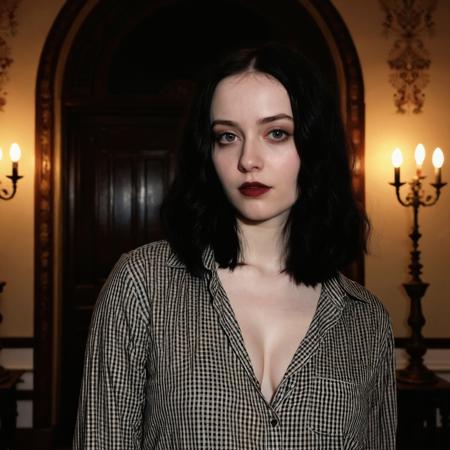 ((goth)), Extreme skin detail, Extreme realism, Bright camera flash,  full body aesthetic photo of a 20 year old cute curvy pale white pale skin woman with, (Wearing old style shirt revealing massive cleavage:1.2), (Black colored hair:1.2), (Victorian castle room backdrop:1.1), brown lighting, Dirty filter, Analog, black eyeliner, cherry red lipstick, black eyeshadow, brightness on body, skin blemishes, brightness, Lo-fi, moody, dimly lit,