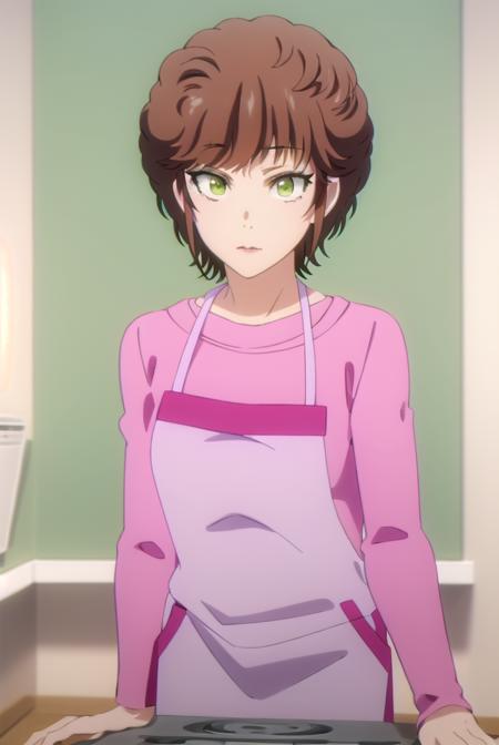 keikikisaragi, <lora:keiki kisaragi s1-lora-nochekaiser:1>,
keiki kisaragi, short hair, brown hair, (green eyes:1.3), smile,
BREAK shirt, apron, pink shirt,
BREAK indoors, kitchen,
BREAK looking at viewer, (cowboy shot:1.5),
BREAK <lyco:GoodHands-beta2:1>, (masterpiece:1.2), best quality, high resolution, unity 8k wallpaper, (illustration:0.8), (beautiful detailed eyes:1.6), extremely detailed face, perfect lighting, extremely detailed CG, (perfect hands, perfect anatomy),