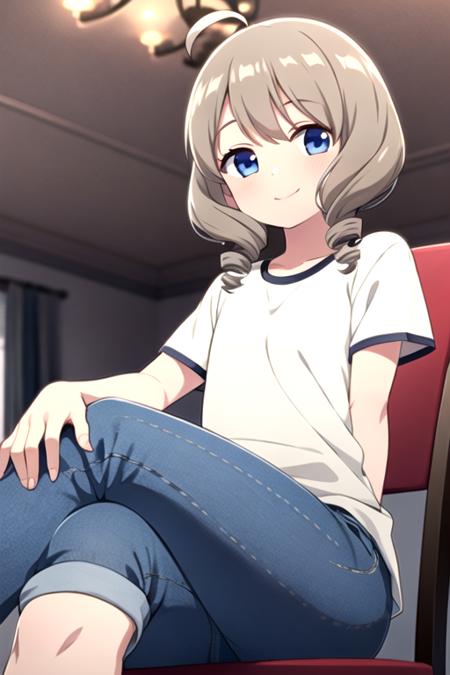 <lora:akiho_scc:0.7> masterpiece, best quality, 1girl, solo, looking at viewer, smile, blue eyes, grey hair, ahoge, indoors, drill hair, grass, twin drills, black shirt, short sleeves, jeans, sitting, chair, crossed legs,