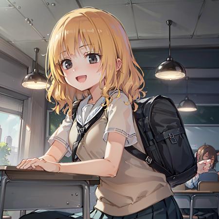 1girl, (blonde hair, wavy hair, colored hair bangs, black eyes), (school uniform), (backpack), smile, :D,(wild, sky, leafs around, Magic:1.2), from below, 
(detailed landscape, classroom, lights, paper:1.2), (background:1), (dynamic_angle:1.2), (dynamic_pose:1.2), (rule of third_composition:1.3), (dynamic_perspective:1.2), (dynamic_Line_of_action:1.2), solo, wide shot,
(masterpiece:1.2), (best quality, highest quality), (ultra detailed), (8k, 4k, intricate),(full-body-shot:1), (Cowboy-shot:1.2), (50mm), (highly detailed:1.2),(detailed face:1.2), detailed_eyes,(gradients),(ambient light:1.3),(cinematic composition:1.3),(HDR:1),Accent Lighting,extremely detailed, original, highres,(perfect_anatomy:1.2), 
 <lora:HomuraSubaru_Style-20:0.85>