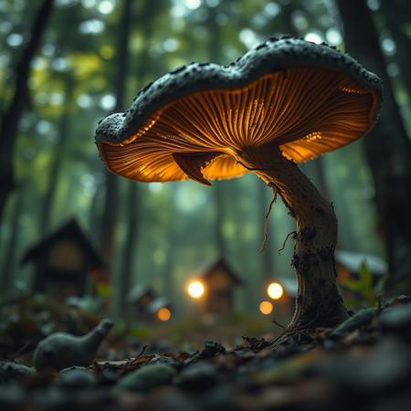 (medium format swirly bokeh pic)(masterpiece sci-fi dark gritty hyperrealisitic concept art 8k)  fungi animal creature zombie horror attacking a forest town, menacingly close up,   atmospheric lighting, dappled light forest