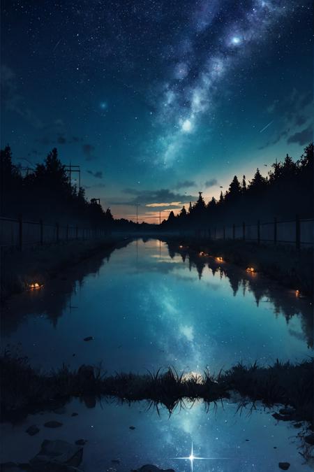 solo, no humans, glowing ,sky, scenery, star (sky), cloud, outdoors, tree, reflection, starry sky, overgrown, ruins, day, water, night, border, post-apocalypse, blue sky, plant, black border 
///////////
///////////, <lora:ç»ä¸½çåå½±:0.2>,<lora:add_detail:0.35>, <lora:adaptedmodel:0.35>