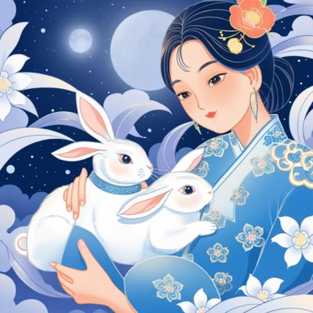 1 girl, Holding a rabbit in her arms pure skin, cheongsam, cinematic light, full moon, cloud, night, moon light,, <lora:jade:0.9>, <lora:RXS_1-000015:0.8>,RXS,