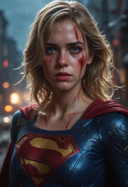 High resolution ultra-realistic of Beautiful bloody Supergirl fighting against alien invasion, cinematic style, standing on a bloody and stormy battle in a destroyed city in a fighting pose, bloody and dirty, realistic blue combat costume, red mini skirt, red cape, perfect athletic figure, wavy blonde hair, handsome bloody face, beautiful perfect detailed pupils, wet oily shiny skin, covered in dirty and blood, beautiful firm Breasts, defiant and seductive, attractive 21 year old Supergirl, 8k resolution concept art portrait by Greg Rutkowski, Kiernan Shipka, Dark Gotham City, Artgerm, WLOP, Alphonse Mucha, dynamic lighting, hyperdetailed, intricately detailed, Splash art trending on Artstation triadic colors, Unreal Engine, 5 volumetric lighting, Cinematic Lighting, intricate, smooth, sharp focus digital painting, Asymmetrical Balance, realistic eyes, ultra detailed atmospheric details, sparkle effects, realistic body proportions, beautiful body Supergirl proportions, complex masterpiece, dramatic atmosphere