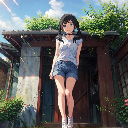 <lora:Amano_Hina:0.7>,amano_hina, 1 girl, solo,(smile),(standing),(full body),(arms behind back:1.2),twin tails, long black hair, blue eyes,white sleeveless jacket,denim shorts, bare shoulders,(white boots:1.1),outdoors,(light rays:1.2),(sun:1.2),(blue sky:1.1), park,(flowers:1.1),(houses:1.1),lawn,trees, (from below:1.15),