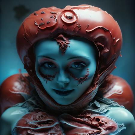 A close-up portrait photograph, The sexy and sassy brunette blue skin oversized exaggerated grotesque teeth, horny alien twin priestess of the sacred watermelon temple. , flower field and ayahuasca, 1970s science fiction b-movie, technicolor, 3d stereoscopic cinematic photograph, Polyacrylic resin, glossy, melted plastic, stretched rubber faces, Leica M3, in the style of science fiction rococ, snake tattoos, hoph fibration bundles each rotated axis distorting space, time and warping light, randomizing optical flow back, teeth, teeth, teeth, overgrown teeth, teeth growing into teeth, freakish oversized exaggerated huge big teeth, skull, armadillo