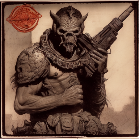 2 photo, demonic looking demon holding a machine gun in one hand (martianwarlord:1)