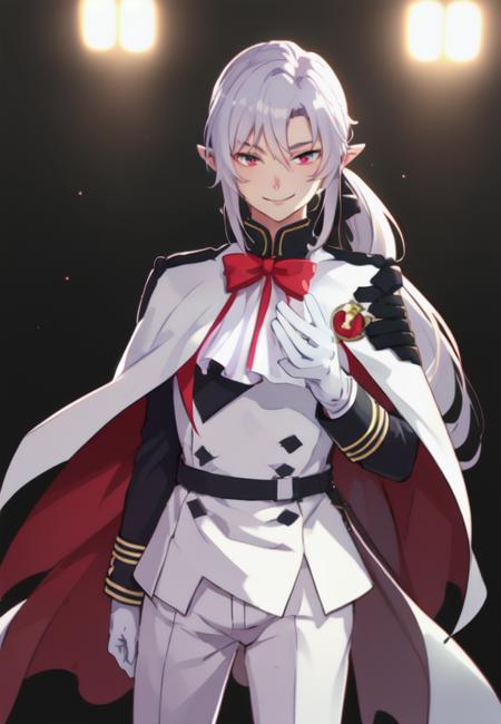 Ferid silver hair, low ponytail, white pants, pointy ears, hair bow, cape, white shirt, white gloves, neckbow, military uniform white pants, black boots
