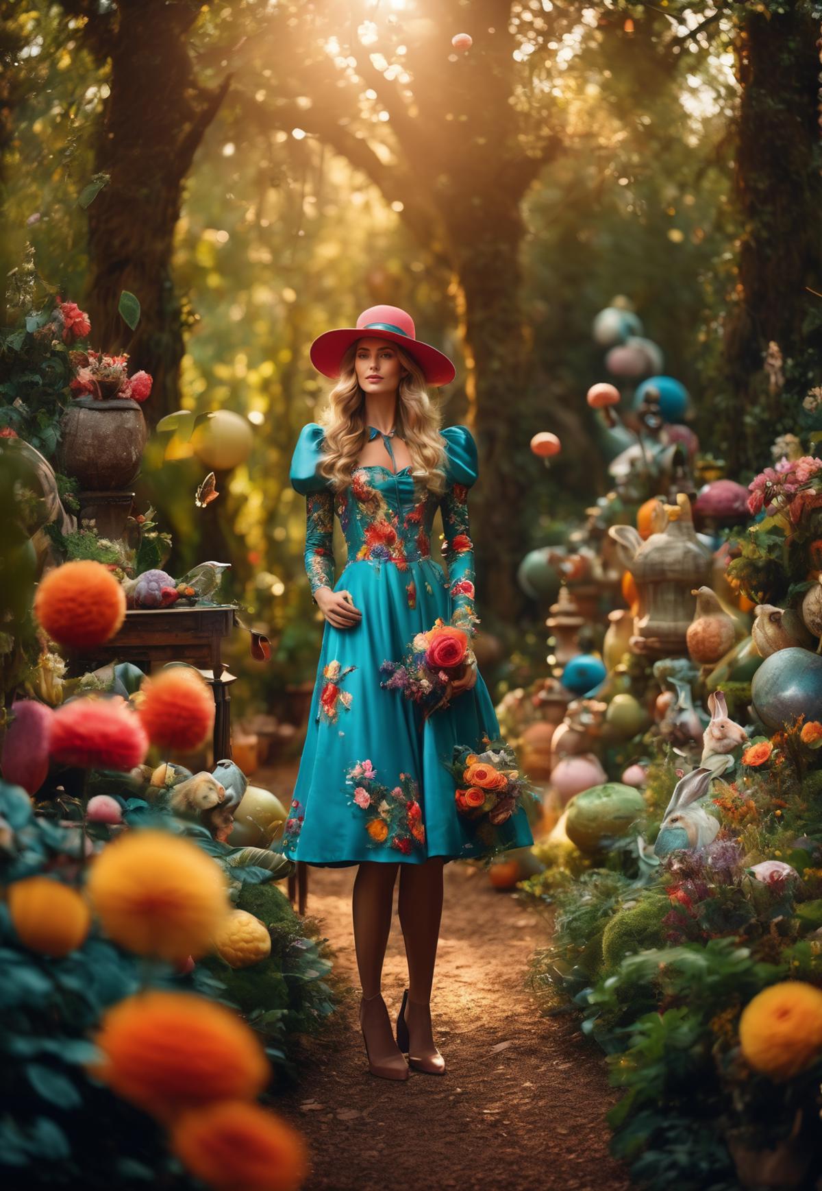 A woman in a blue dress and pink hat stands in a whimsical garden filled with colorful flowers and balls.