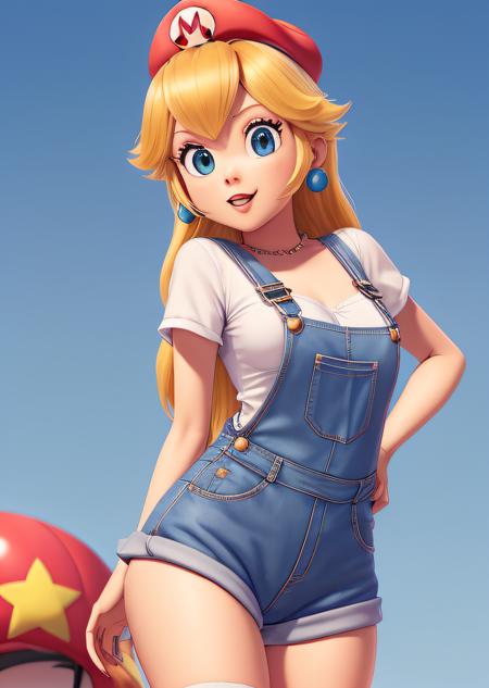 3D render, pixar style, Princess_Peach (wearing nothing except dungarees), wearing red mario_hat,  sideboob, topless, large breasts, looking down, thick thighs, THICK, cameltoe, skin indentation, skindentation, ass focus, SEEN FROM BELOW, wet skin, 1girl, blonde hair, seductive expression, sexy eyes, shiny skin, simple background  <lora:peach:0.5>