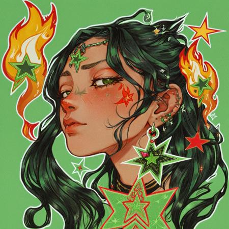 1girl, sm0k, earrings, star (symbol), upper body, flames, ornaments, soft green, eyes open, long dark hair, hair clips, dark skin