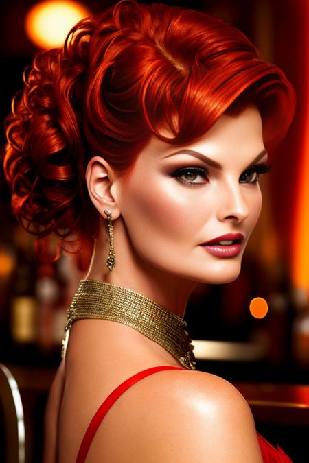 portrait photo of LindaEvangelista beautiful woman red hair updo upsweep nightclub sitting at bar (masterpiece) (best quality) (detailed) (8k) (HDR) (wallpaper) (cinematic lighting) (sharp focus) (intricate),  <lora:LindaEvangelista:0.9>