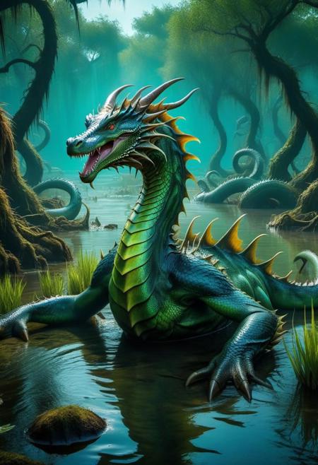 eerie swamp, hydra, many headed dragon, long necks, (one body), wet, half submerged, glistening scales, (absurd res:1.2), (photorealistic:1.2), BREAK, (8k:1.0), (hi res:1.0), (masterpiece:1.0), (best quality:1.0), (realistic:1.2), (ph0t0x2:1.0), (vibrant colors:1.0)