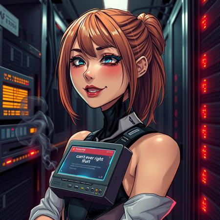 android girl, young woman, cyberpunk, scifi, sparks from her body, sexy, ((head tilted)), smoke from her body, eyes crossed, awkward, funny face, silly expression, dazed, monitor in her chest that reads "can't even right now", errors on monitor, drool, broken, in a server room, wires, red warning lights, smile, mouth open, head angled to side, frazzled, looking off into space, three quarters view, insane, busted, crazy,