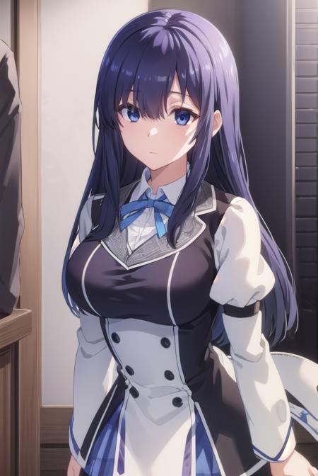 ayaseayatsuji, <lora:ayase ayatsuji s1-lora-nochekaiser:1>,
ayase ayatsuji, long hair, black hair, hair over one eye, (grey eyes:1.3),
BREAK skirt, long sleeves, school uniform, juliet sleeves,
BREAK indoors, classroom,
BREAK looking at viewer, (cowboy shot:1.5),
BREAK <lyco:GoodHands-beta2:1>, (masterpiece:1.2), best quality, high resolution, unity 8k wallpaper, (illustration:0.8), (beautiful detailed eyes:1.6), extremely detailed face, perfect lighting, extremely detailed CG, (perfect hands, perfect anatomy),